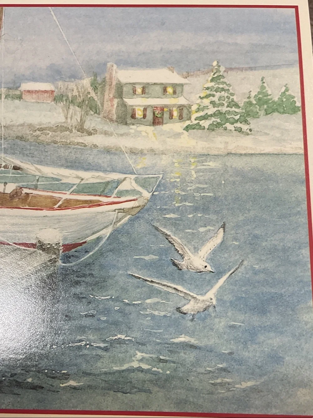 Holiday Harbor Christmas Cards - Red Border, Blue Scenic Design